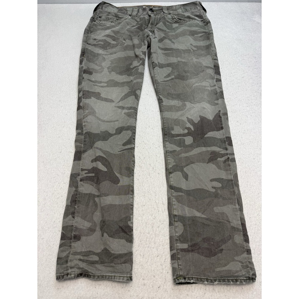 True Religion Geno Jeans Mens 38x34 Gray Camo Relaxed Slim Straight Denim Pants